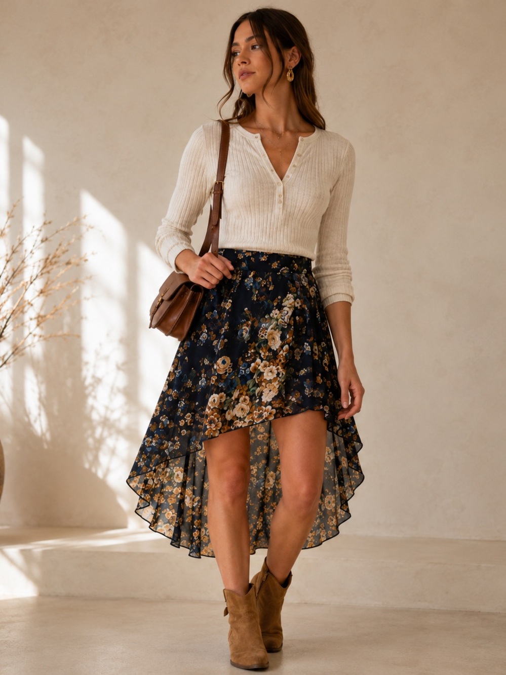 Floral High Low Chiffon Skirt Navy Boho Mini Maxi Hem